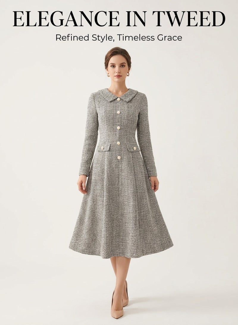 MS MIN Elegant Lapel Long-Sleeve Midi Dress, Tweed Fabric Waist-Cinching Modest Dress for Daily & Office - Image 2